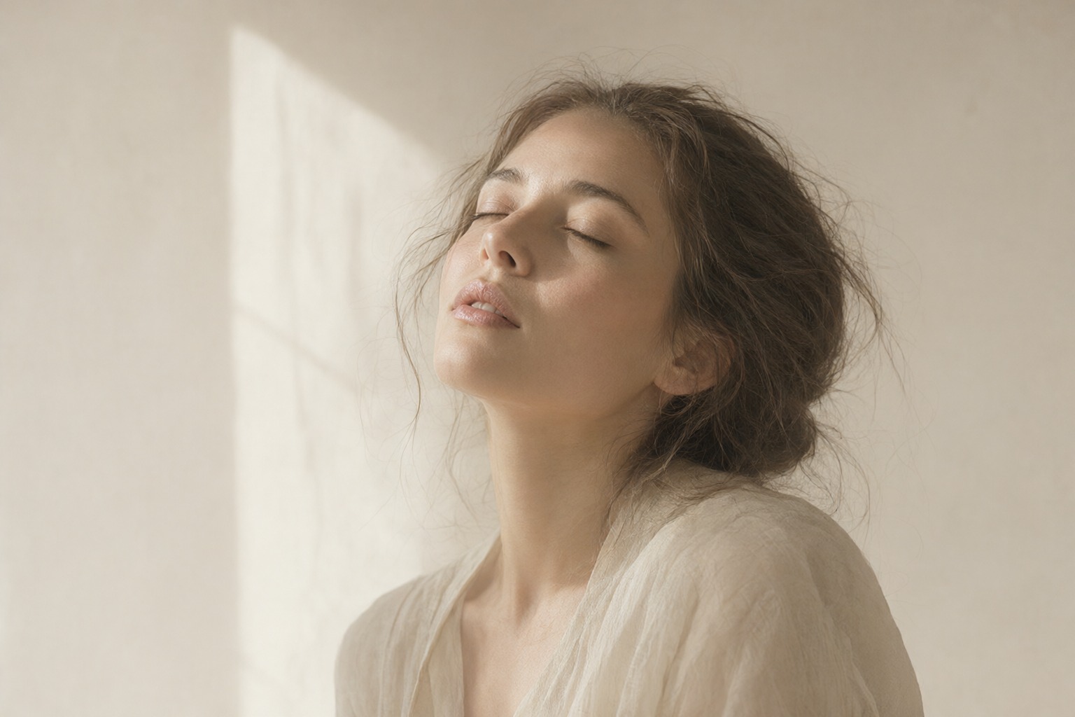 Woman with eyes closed and lips softly parted in warm sunlight, a portrait of voice activation